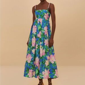 FARM RIO Brazilian Tropical Painted Flowers Midi Dress